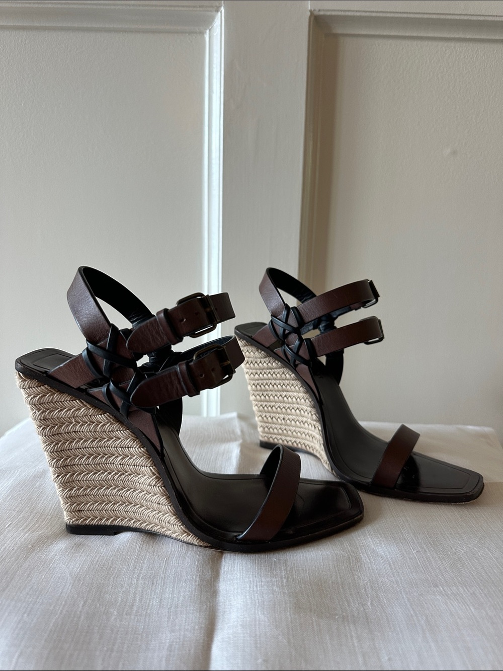 Saint Laurent Brown Leather Wedge Sandals with Espadrille Heel